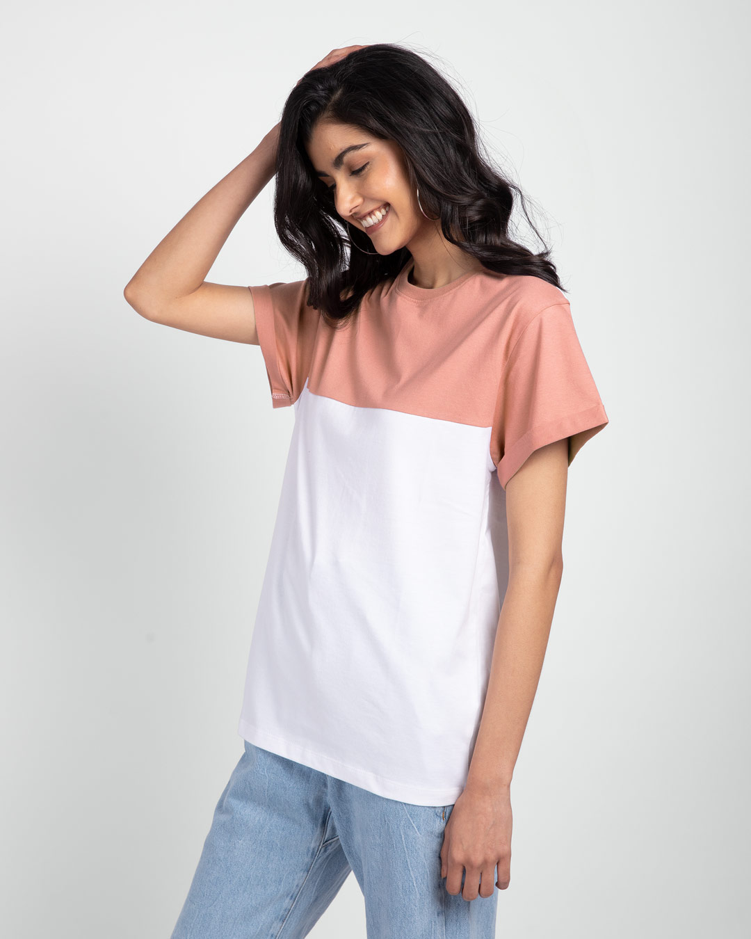 Shop Women's Pink & White Color Block Boyfriend T-shirt-Back