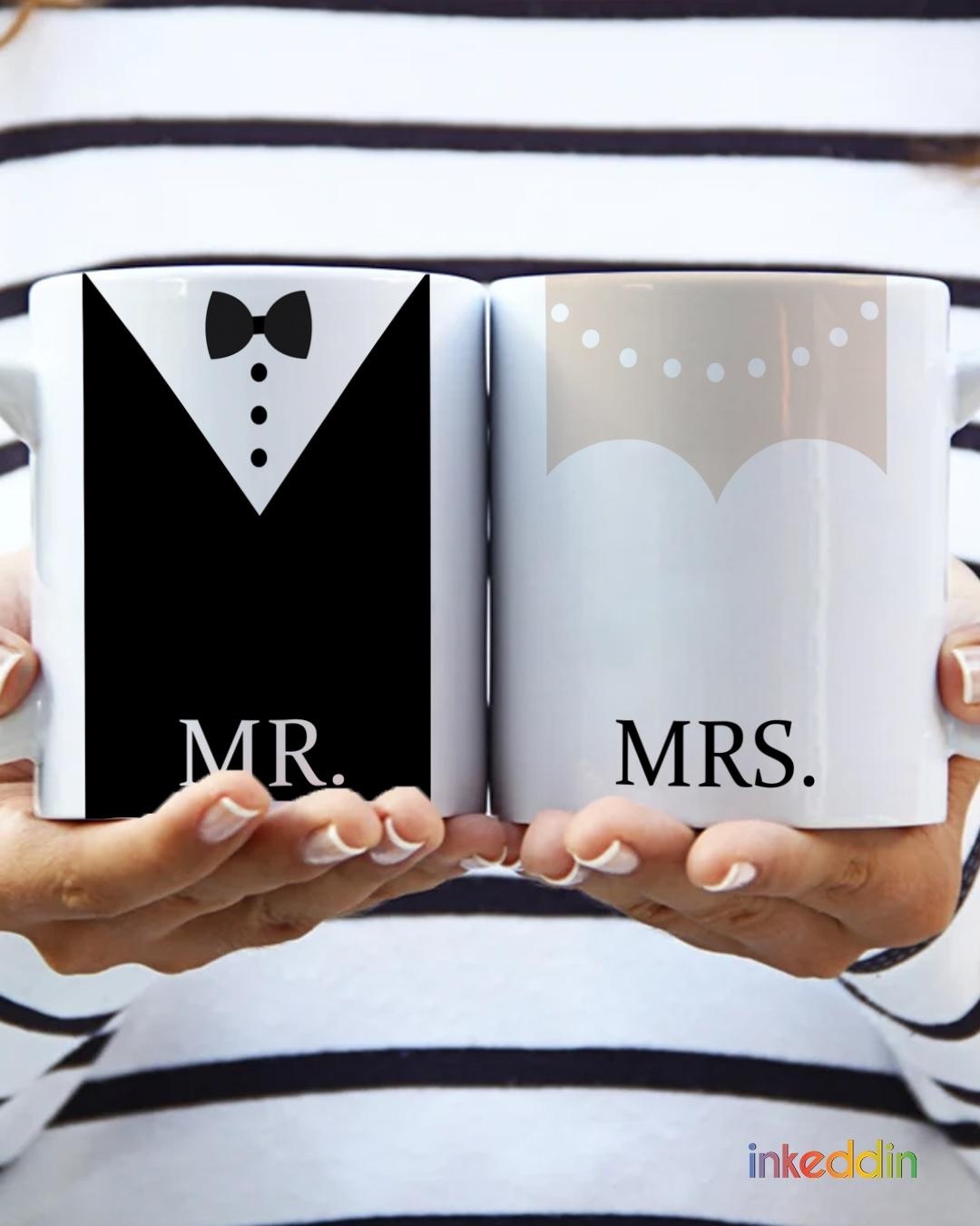 Shop White Mr & Mrs Printed Ceramic Mug (330 ml, Set Of 2)-Back