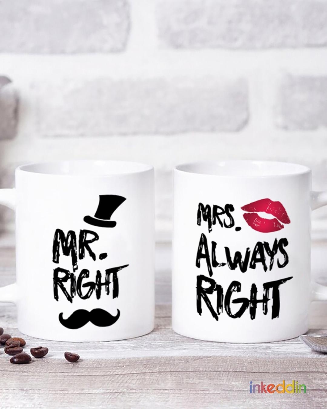 Shop White Mr Right & Mrs Always Right Printed Ceramic Mug (330 ml, Set Of 2)-Back