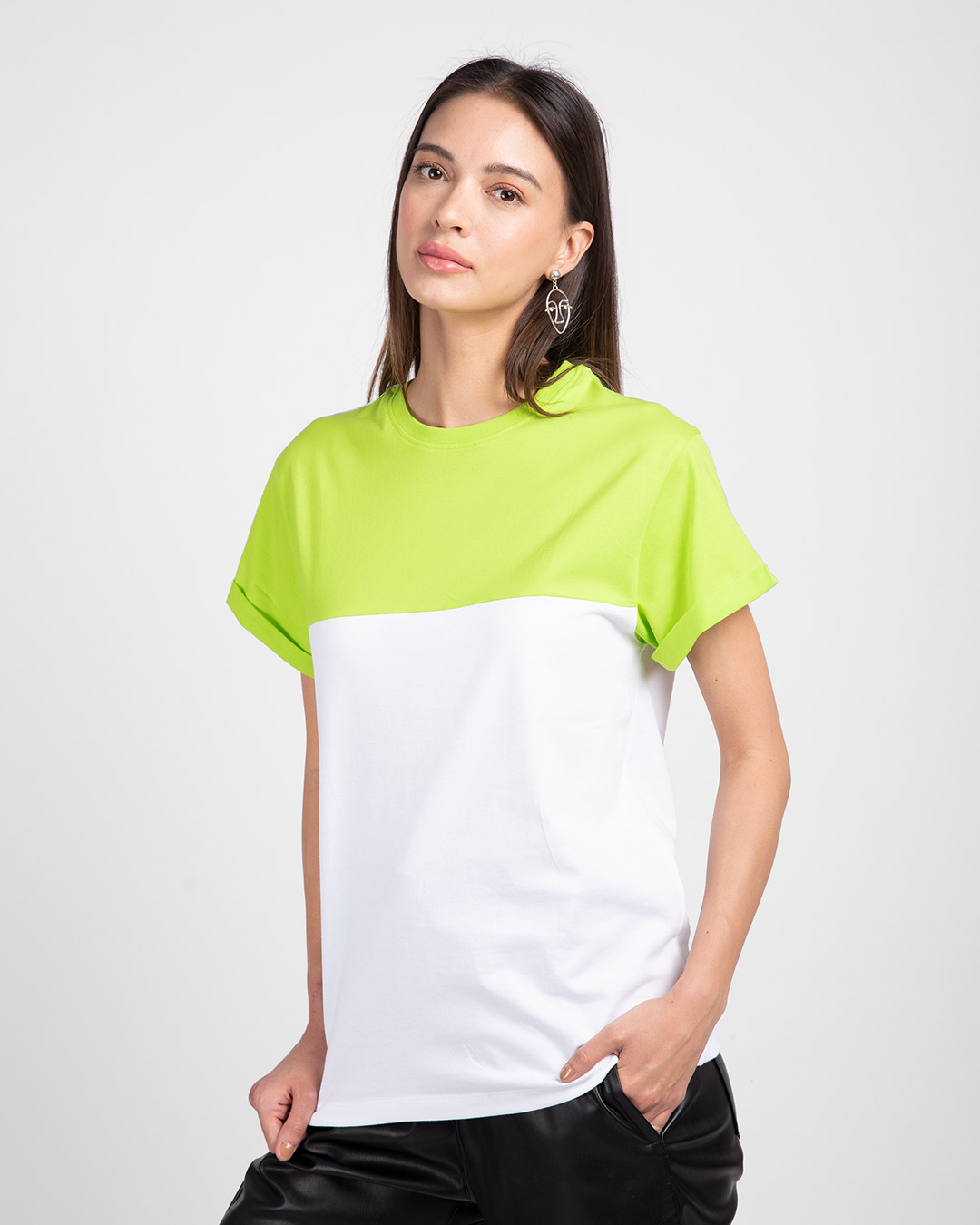 Shop White-Neon Green 90's Vibe Boyfriend Panel T-Shirt-Back