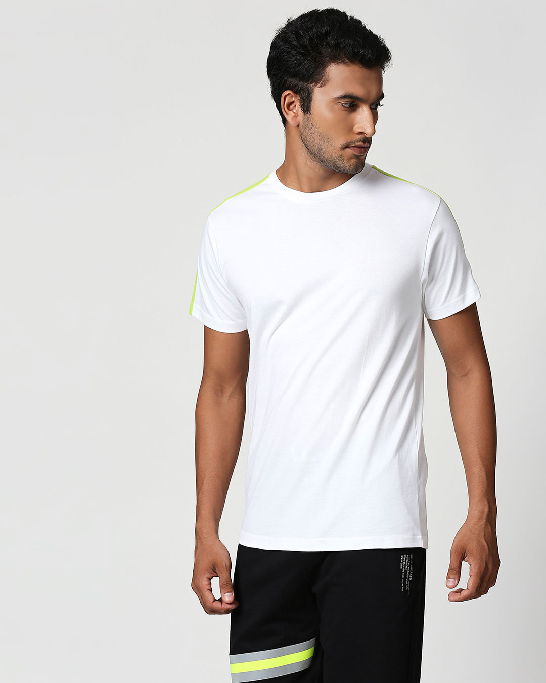 Shop White-Neon Green Shoulder Sleeve T-Shirt-Back