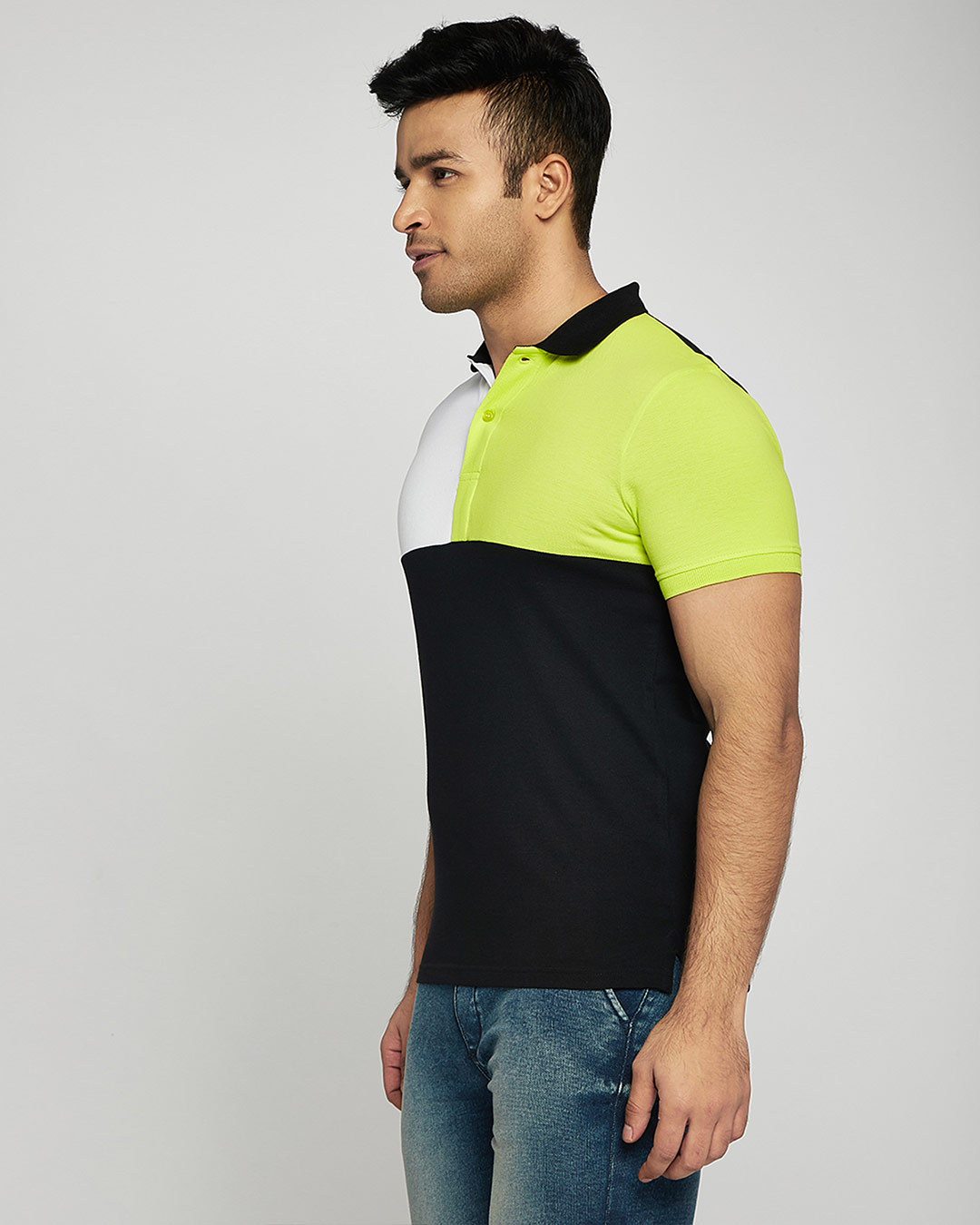 Shop White-Neon Lime-Black Half & Half Polo T-Shirt-Back