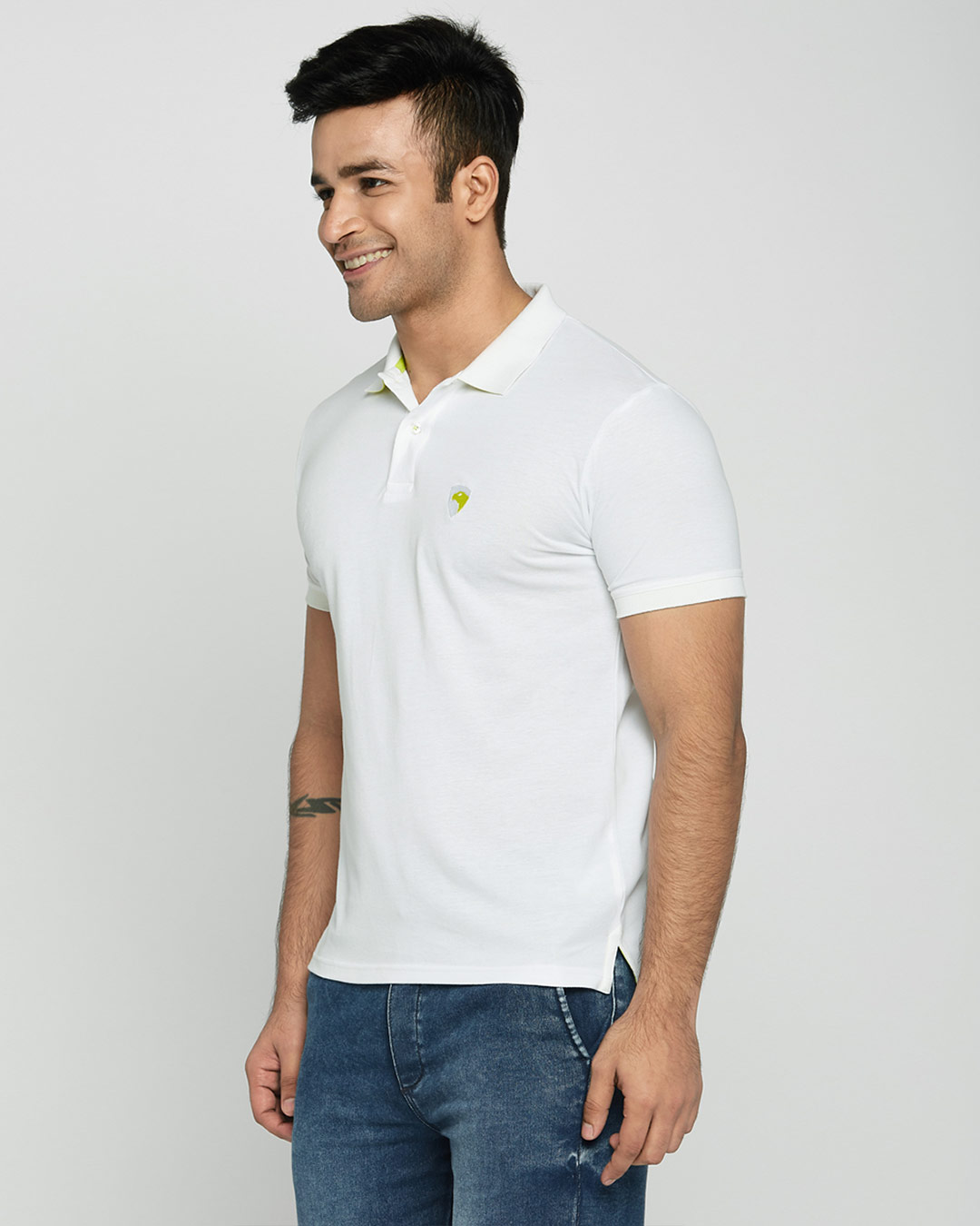 Shop White-Neon Lime Contrast Collar Pique Polo T-Shirt-Back