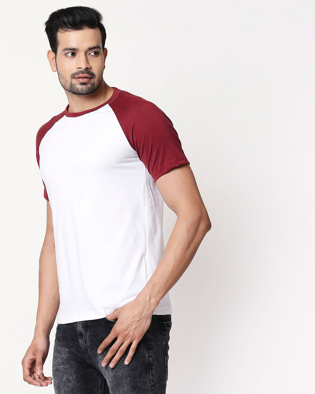 Shop White-Scarlet Red Half Sleeve Raglan T-Shirt-Back