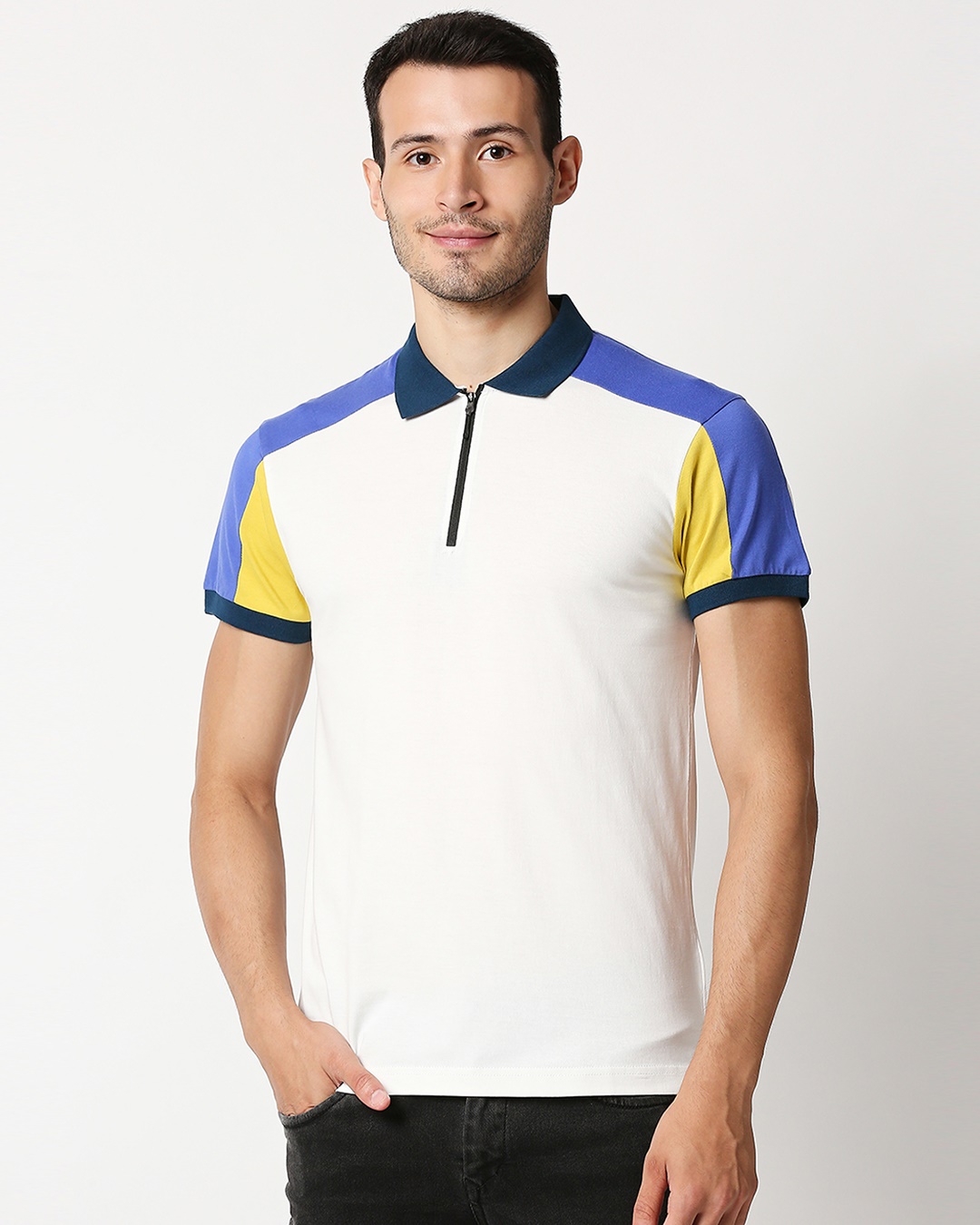 Shop White Shoulder Color Block Zipper T-Shirt-Back