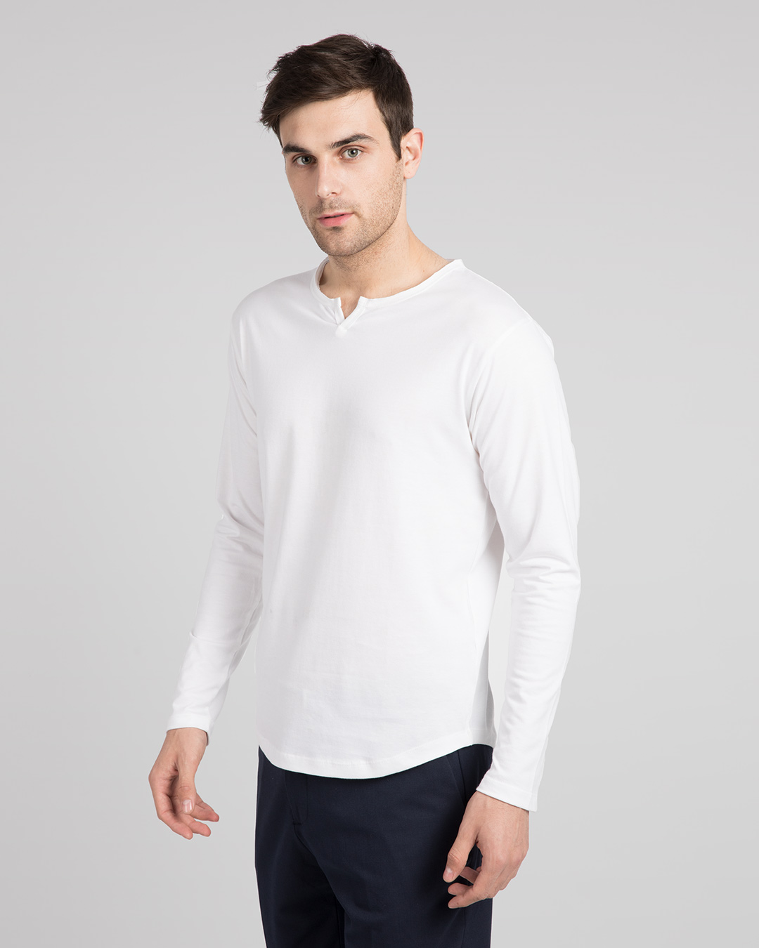 Shop White Slit Neck Full Sleeve Henley T-Shirt-Back