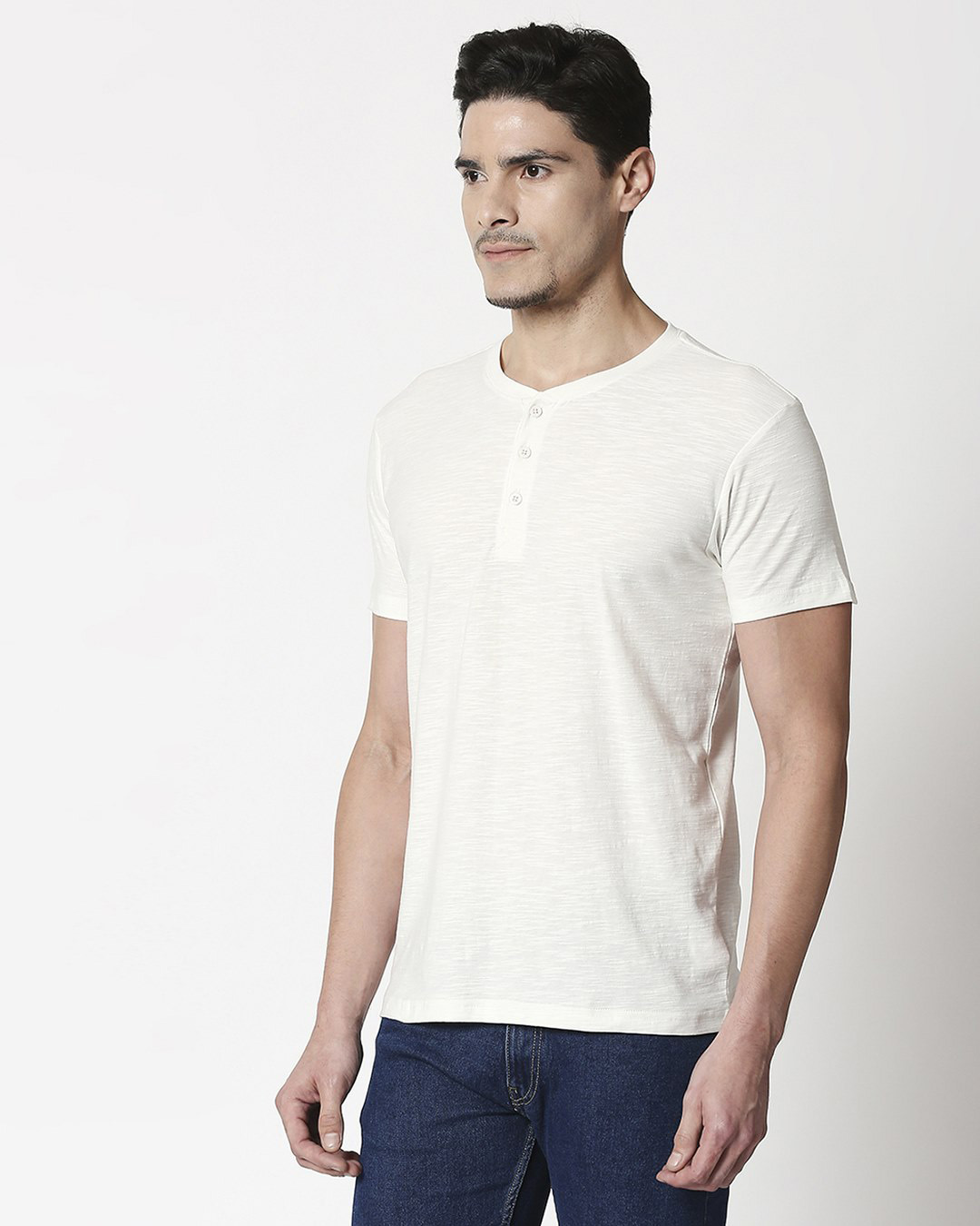 Shop White Slub Half Sleeve Henley T-Shirt-Back