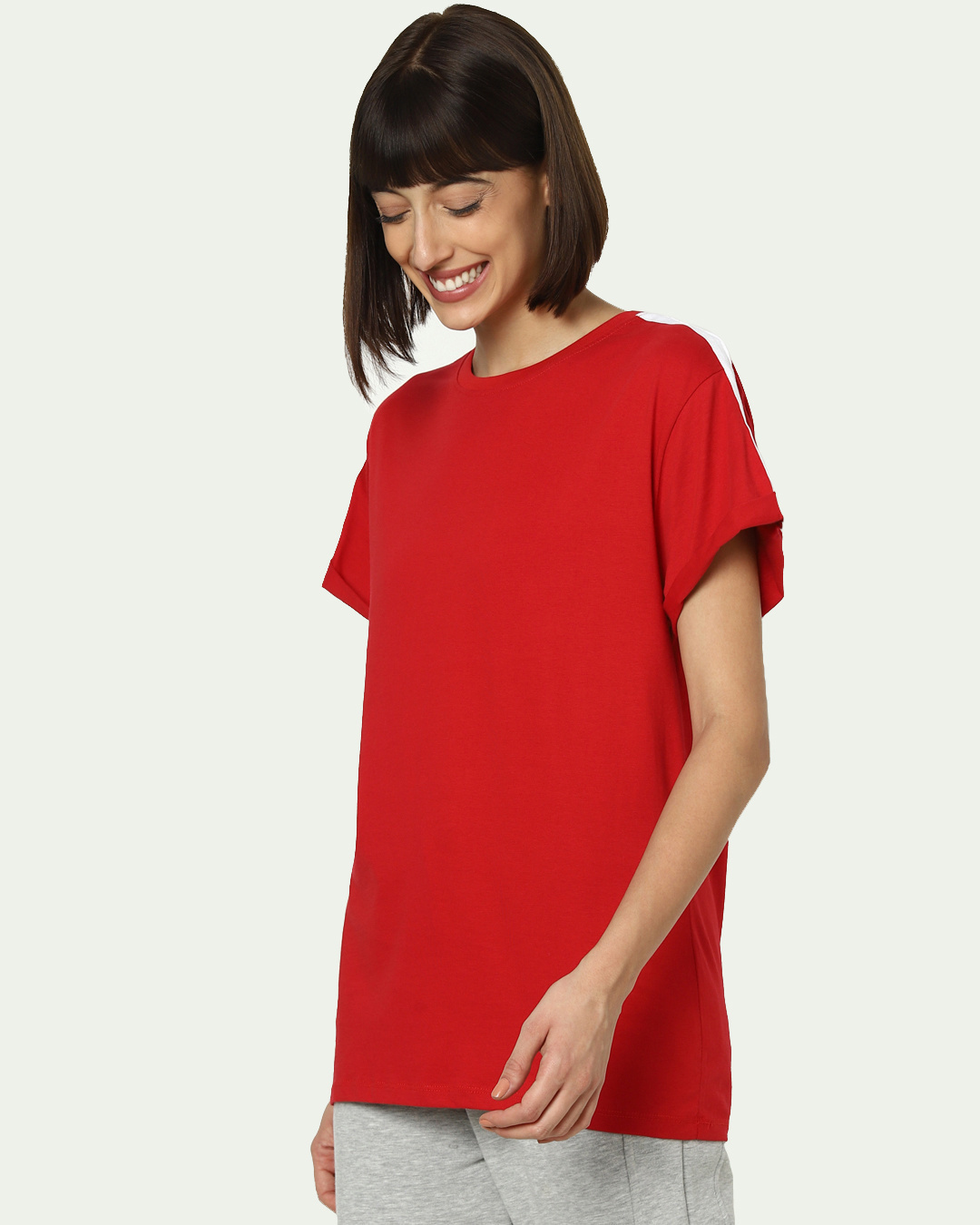 Shop Women's Red White Striped Side Panel Boyfriend T-shirt-Back