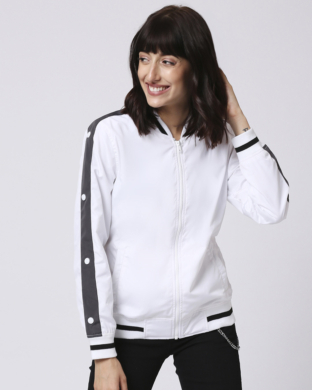 Shop Women's White Relaxed Fit Bomber Jacket-Back
