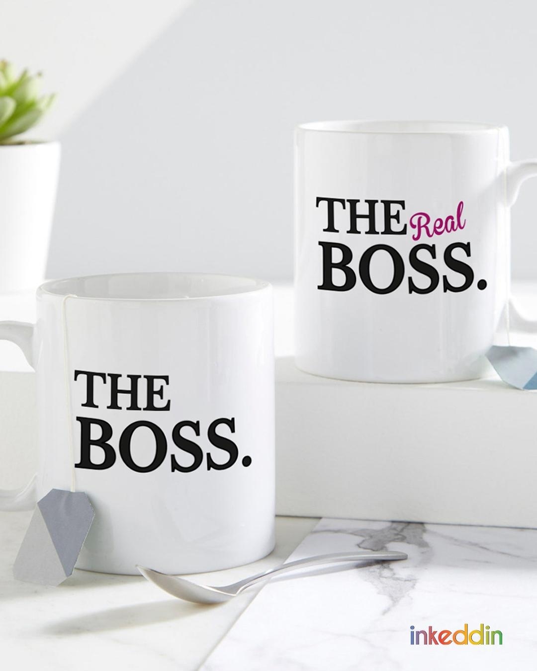 Shop White The Boss & The Real Boss Printed Ceramic Mug (330 ml, Set Of 2)-Back