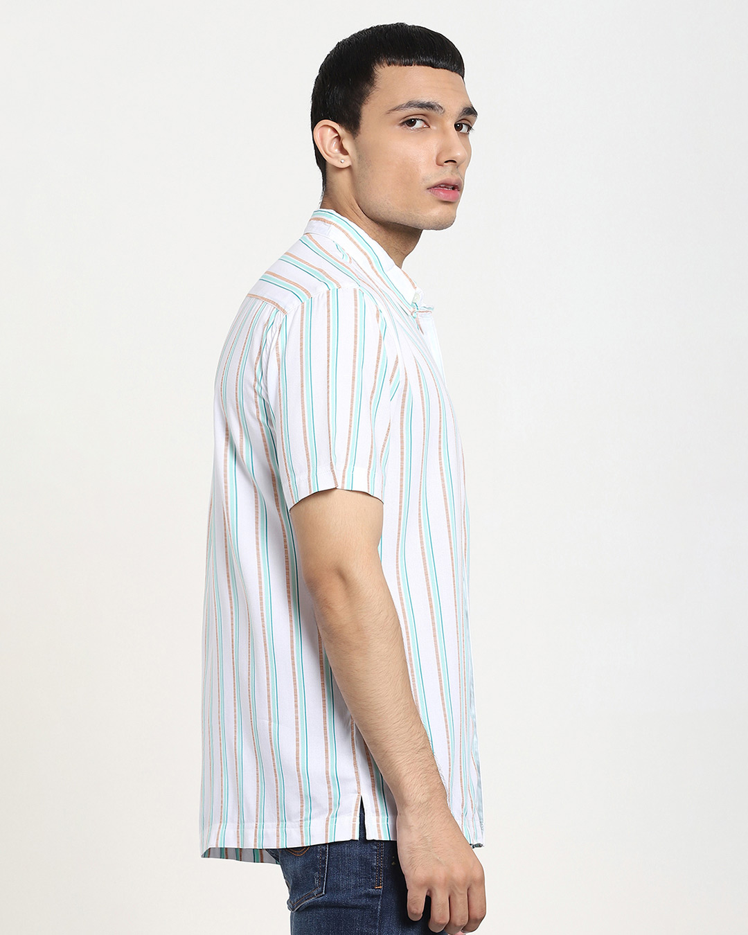 Shop White Tribal Stripe Half Sleeve Shirt-Back