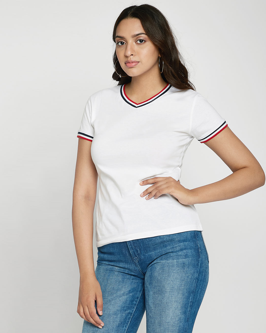 Shop White V-Neck Varsity Rib T-shirt-Back