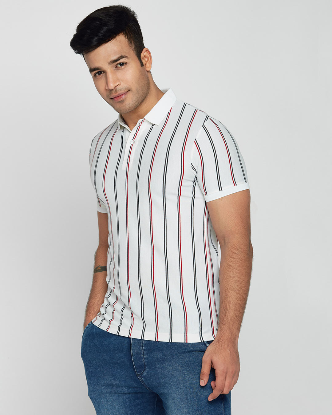 Shop White Vertical Stripe Pique Polo T-Shirt-Back