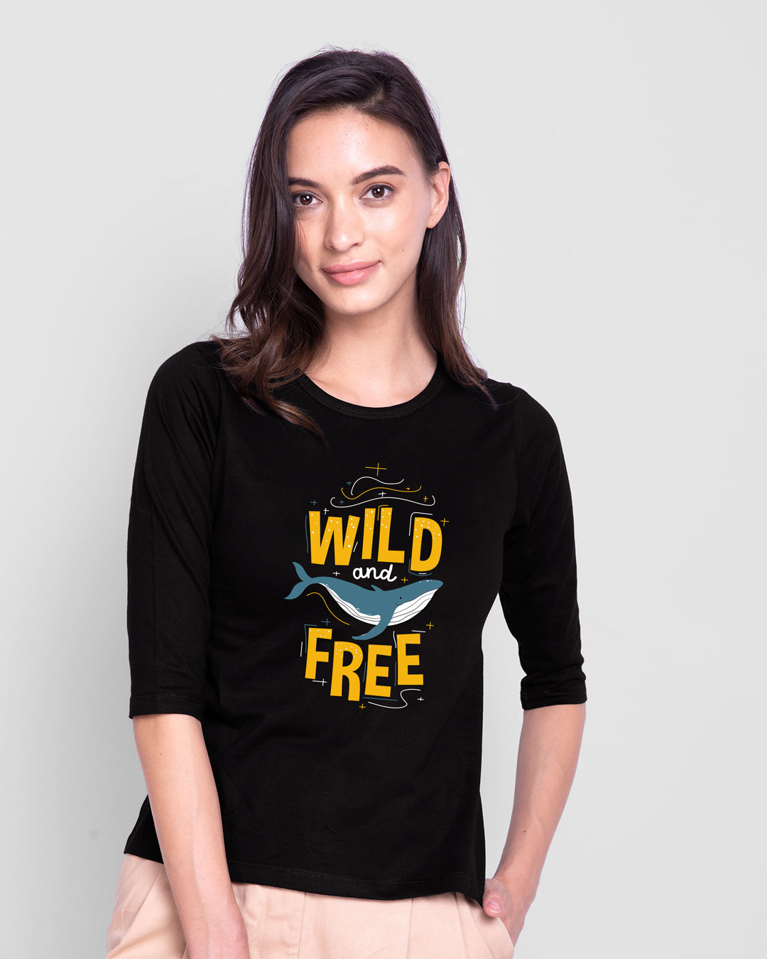 Shop Wild And Free Nautical Round Neck 3/4 Sleeve T-Shirt Black-Back