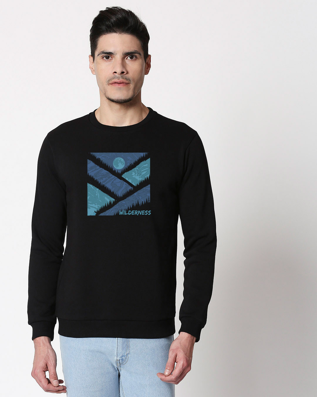 

Wilderness Fleece Sweater Black Men' Printed Fleece Sweater Bewakoof.com