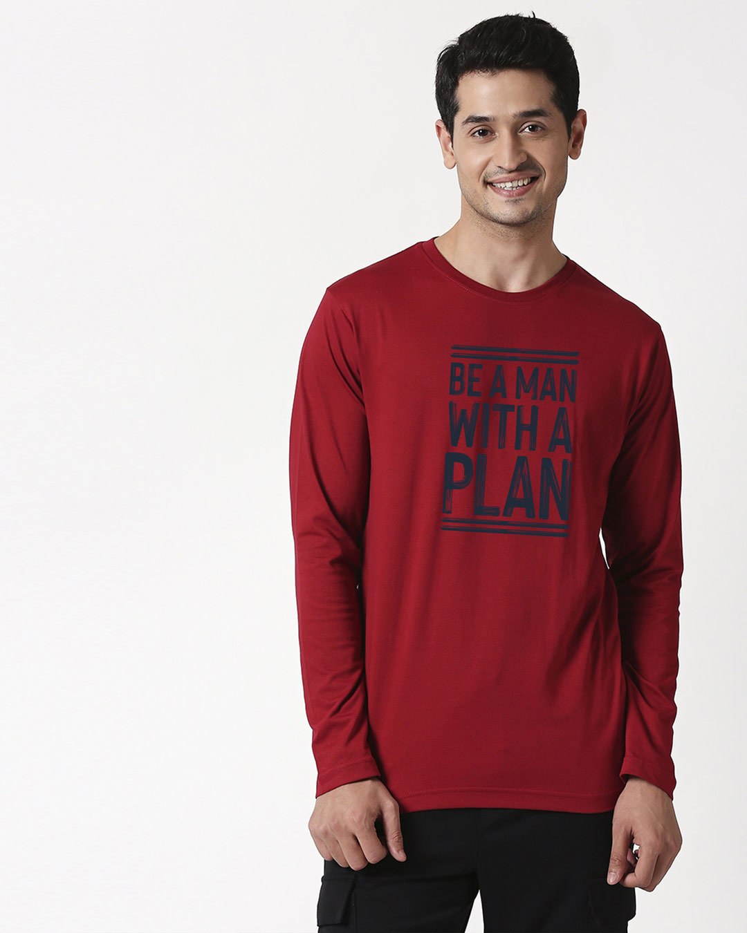 

With a Plan Full Sleeve T-Shirt Cherry Red Men' Printed Full Sleeve T-Shirt Bewakoof.com