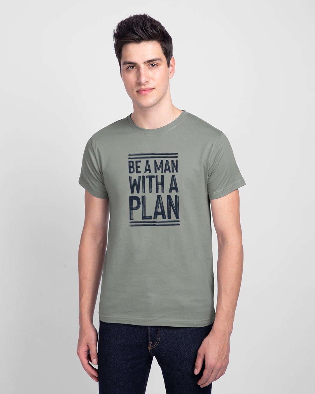 

With a Plan Half Sleeve T-Shirt Meteor Grey Men' Printed T-Shirts Bewakoof.com