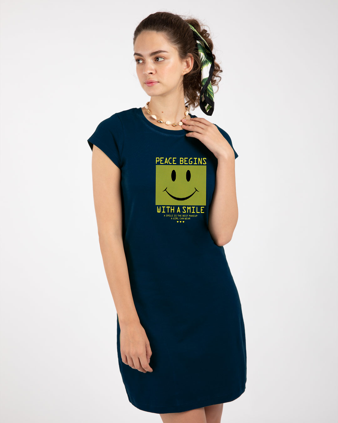 Shop With A Smile Cap Sleeve Printed T-Shirt Dress Navy Blue-Back