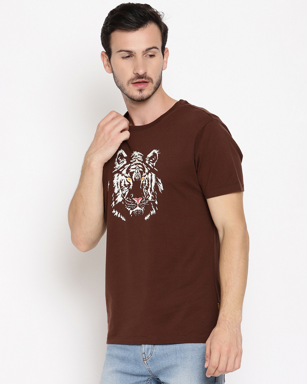 Shop Men Choco Brown Glowing Tiger Printed T Shirt-Back