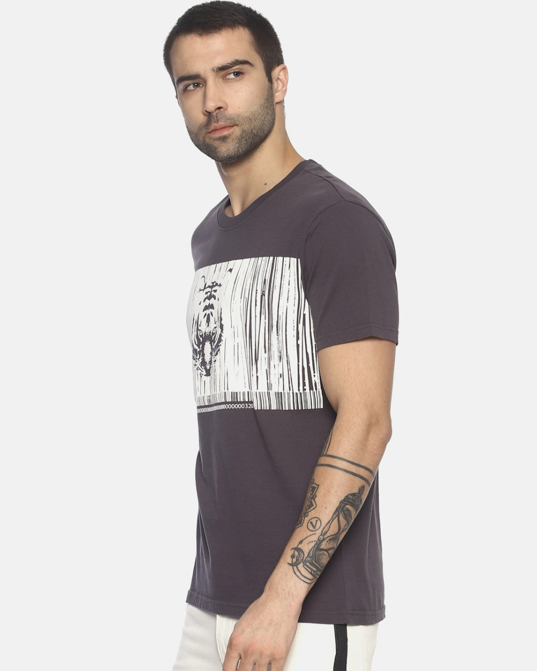 Shop Men's Dark Grey Barcode Tiger Printed T Shirt-Back