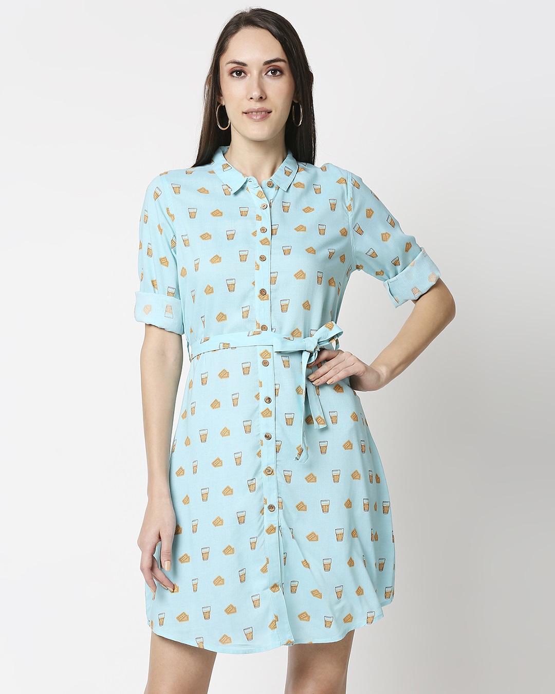 Shop Women All Over Printed Button Down Blue Dress-Back