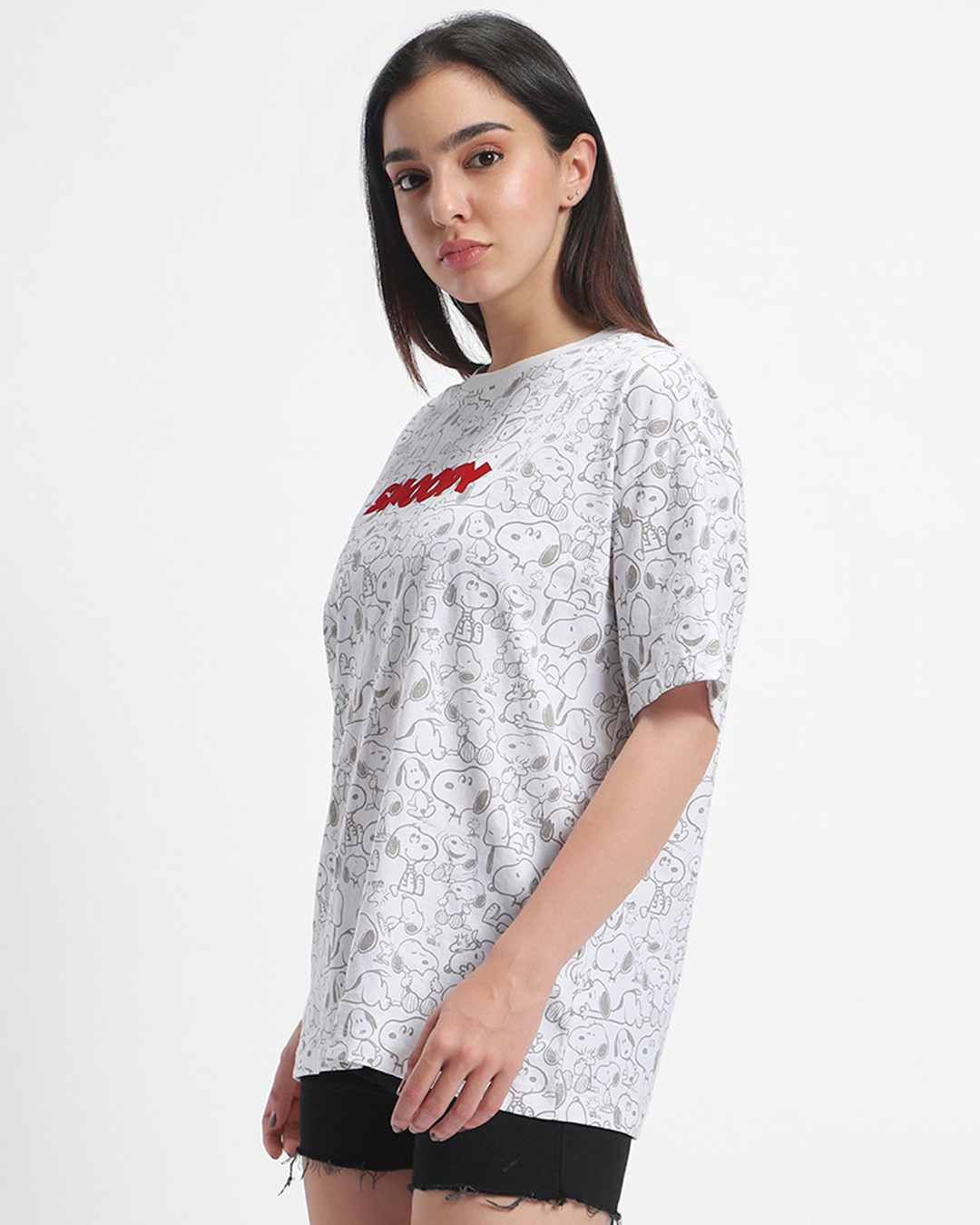 Shop Women's White All Over Snoopy Printed Oversized T-shirt-Back