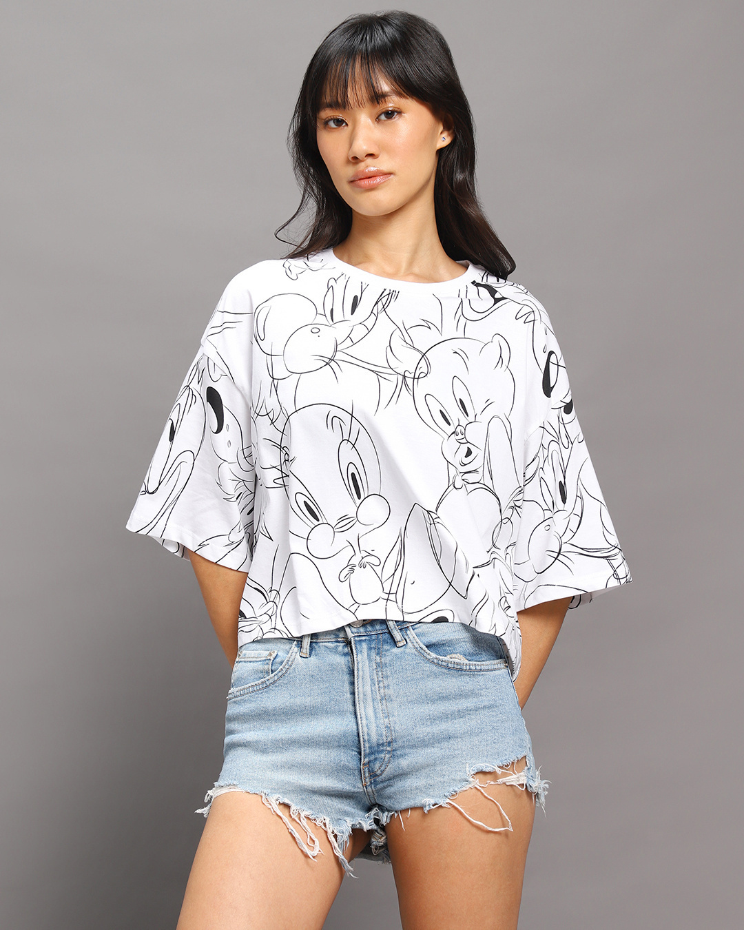 Shop Women's White All Over Tweety Printed Oversized Short Top-Back
