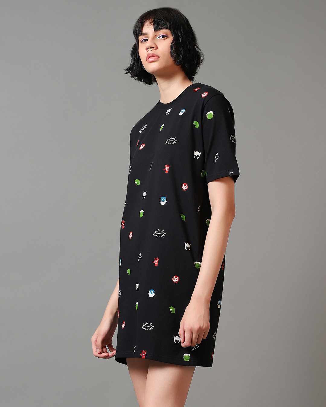 Shop Women's Black All Over Printed Oversized Plus Size T-Shirt Dress-Back