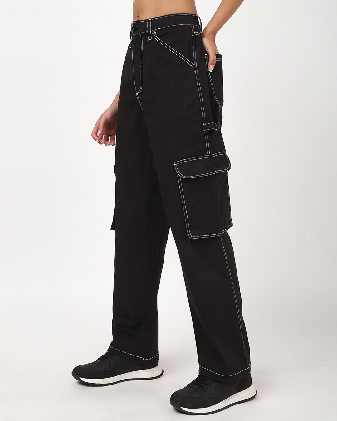 Shop Women Black Cargo Carpenter Pants-Back