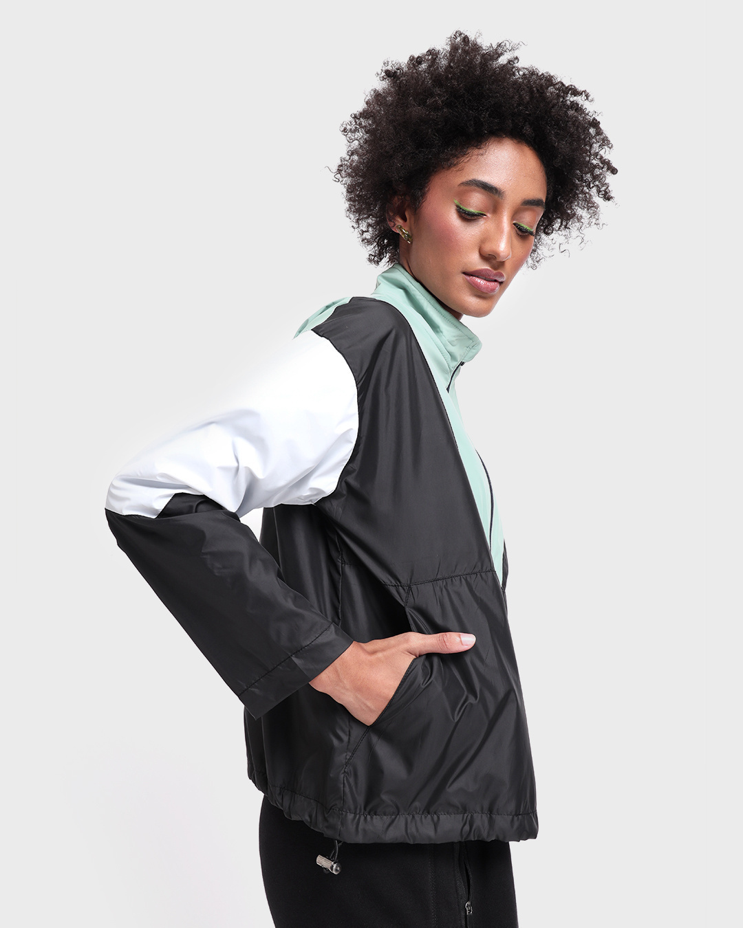 Shop Women's Black Color Block Plus Size Windcheater Jacket-Back