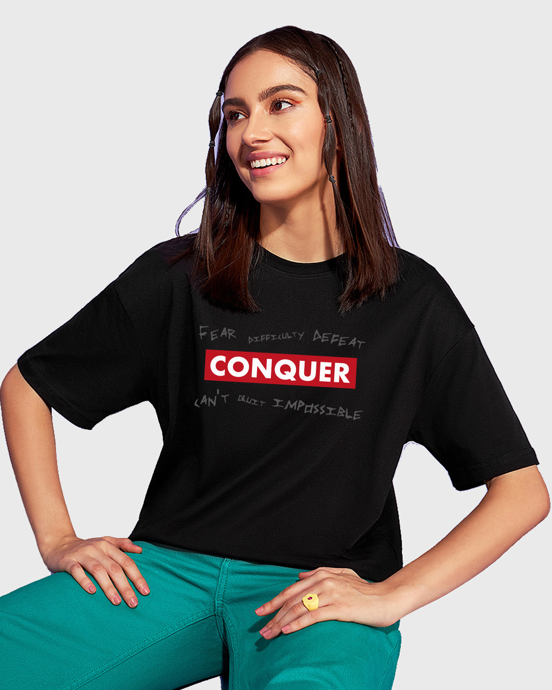 Buy Women's Black Conquer Strip Typography Oversized T-shirt Online at ...