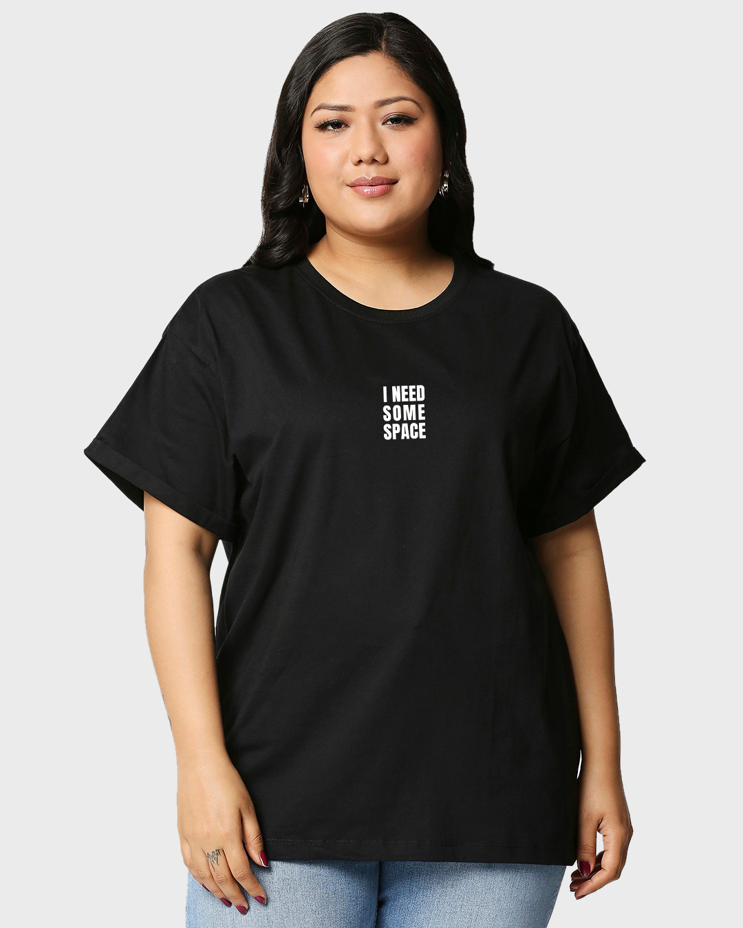 Shop Women's Black Need Space Teddy Graphic Printed Plus Size Boyfriend T-shirt-Back
