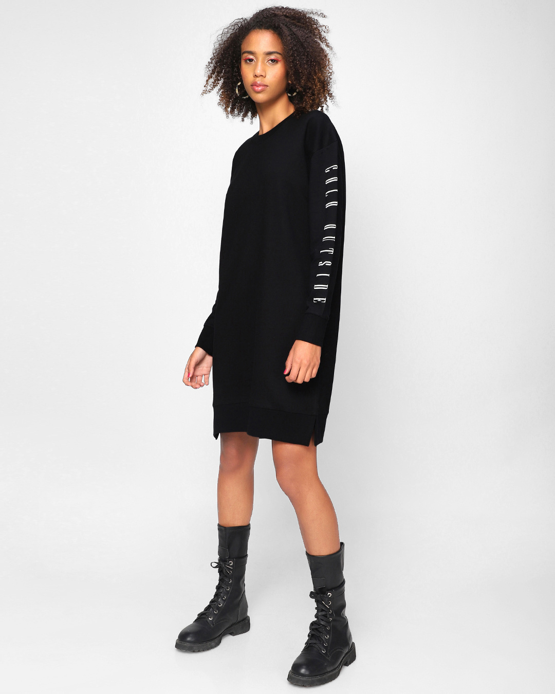 Shop Women's Black Cold Outside Typography Plus Size Oversized Dress-Back