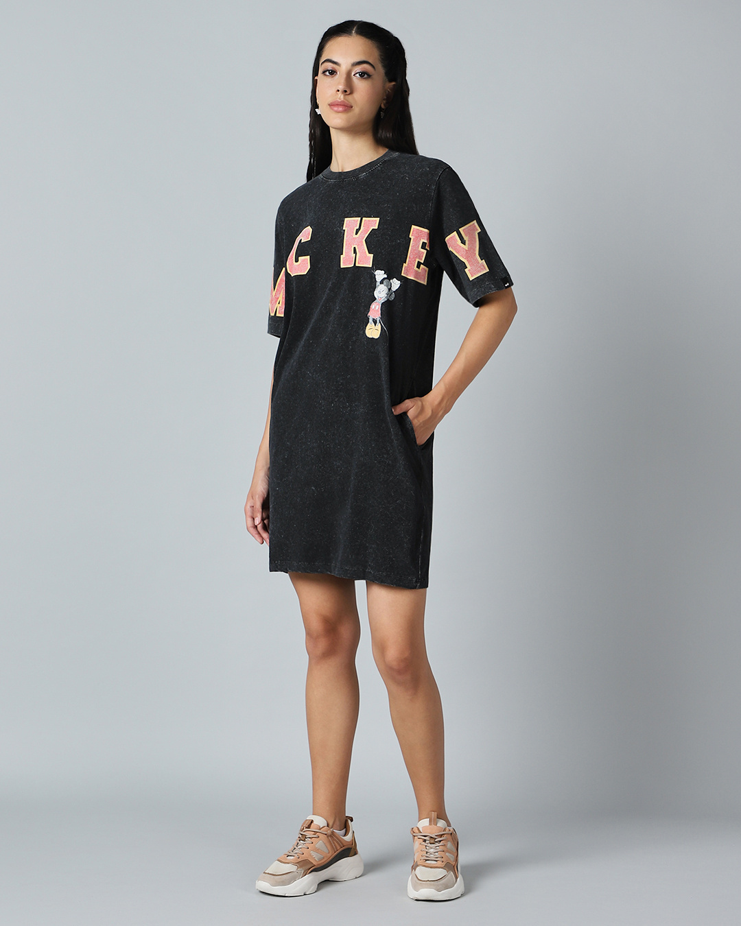 Shop Women's Black Hanging Mickey Graphic Printed Oversized Dress-Back