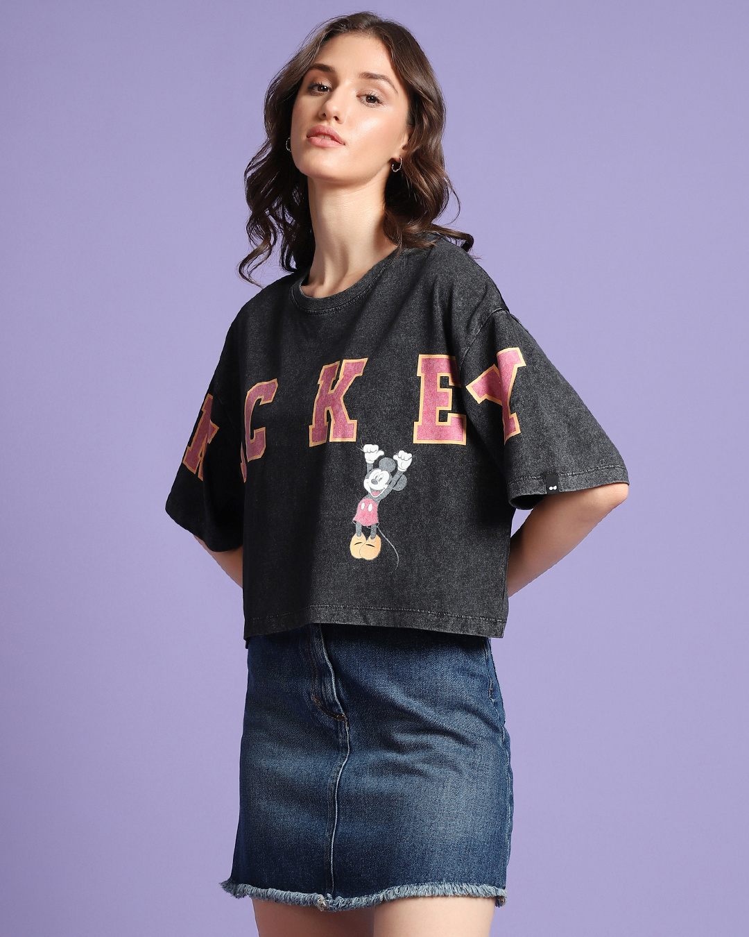 Shop Women's Black Hanging Mickey Typography Oversized Short Top-Back