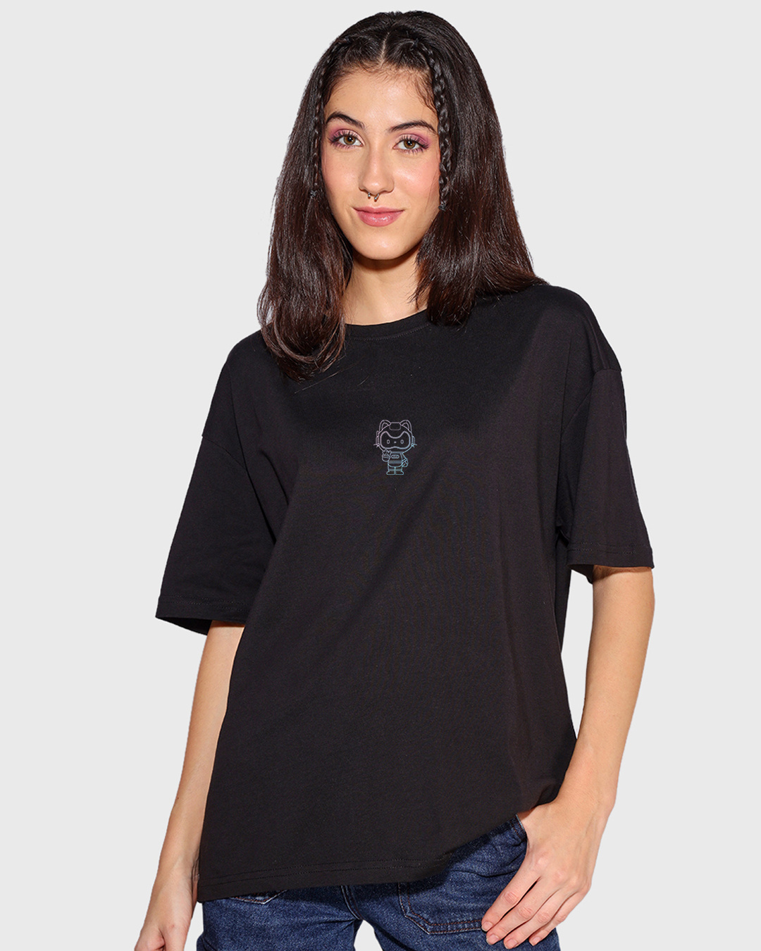 Shop Women's Black Space Cat Graphic Printed Oversized T-shirt-Back