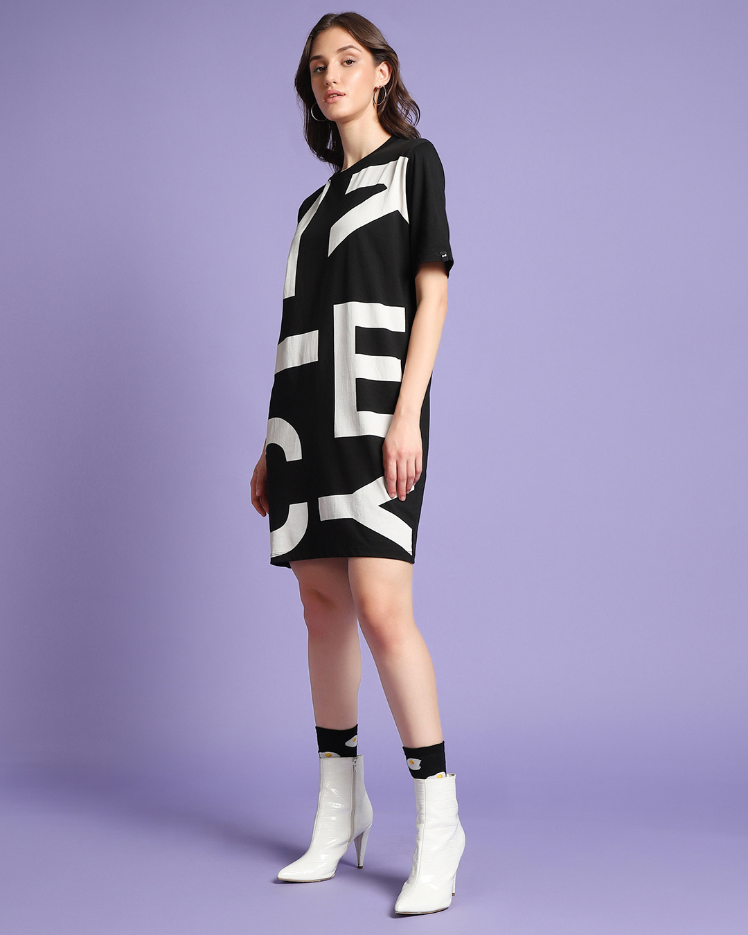 Shop Women's Black & White Mickey Typography Oversized Dress-Back