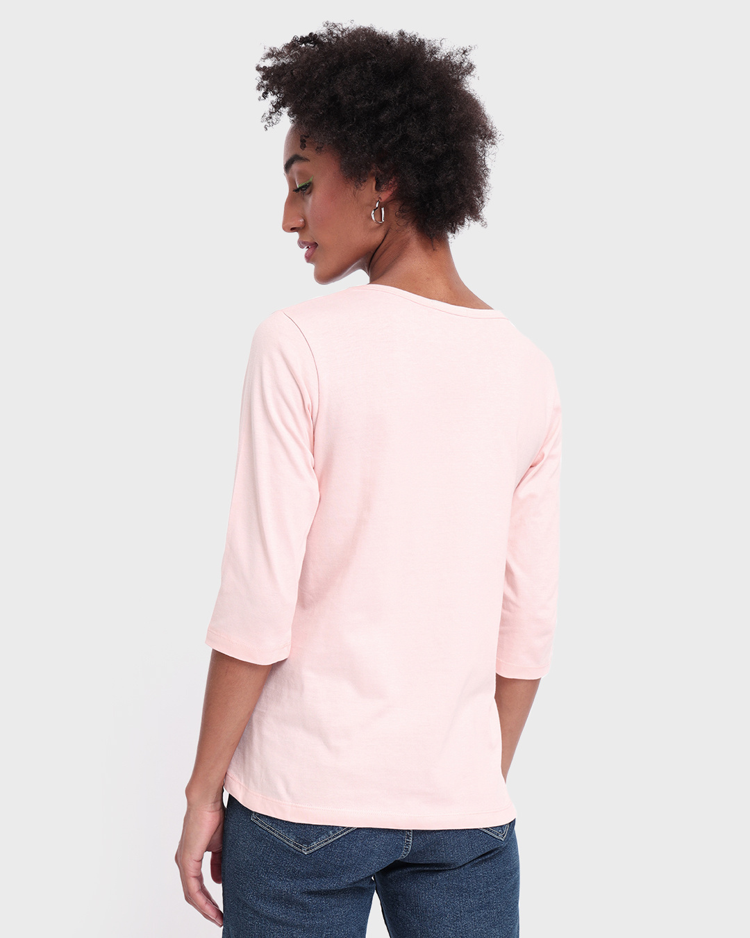 Shop Women's Pink Bonjour Paris Graphic Printed 3/4 Sleeve Slim Fit T-shirt-Back