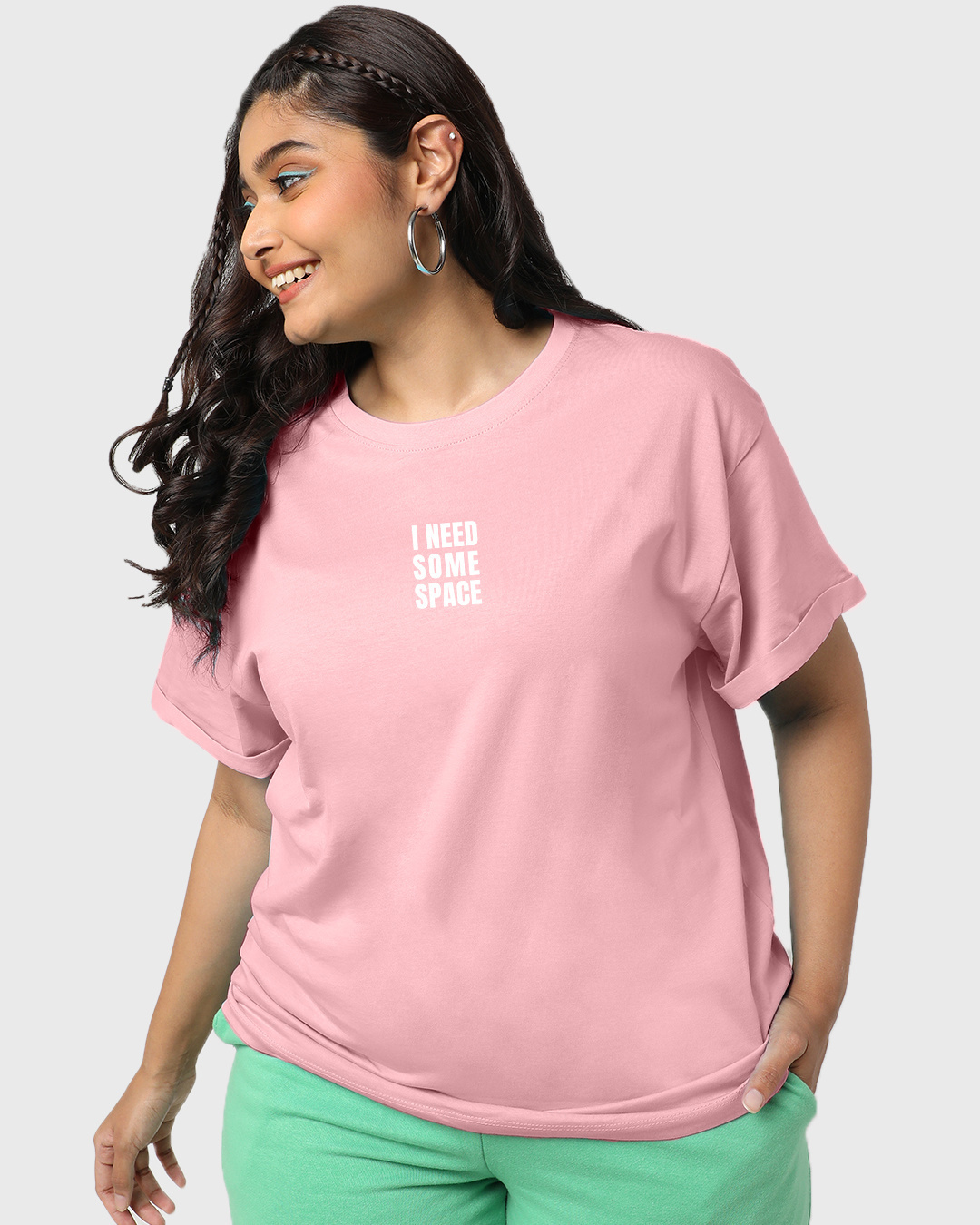 Shop Women's Pink Need Space Teddy Graphic Printed Plus Size Boyfriend T-shirt-Back