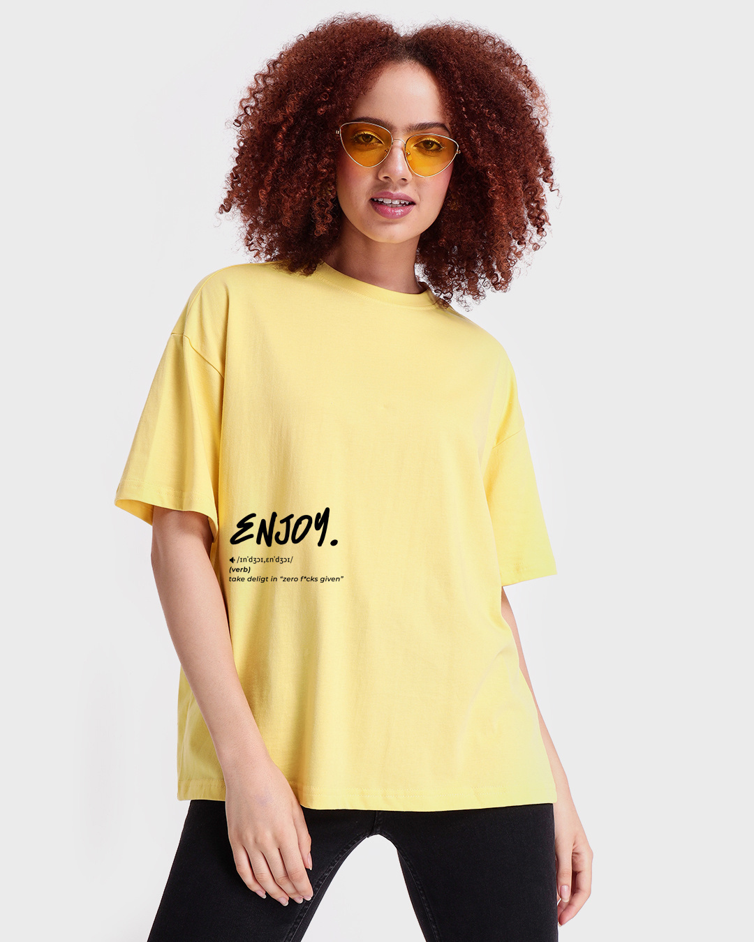 Shop Women's Yellow Enjoy Graphic Printed Oversized T-shirt-Back