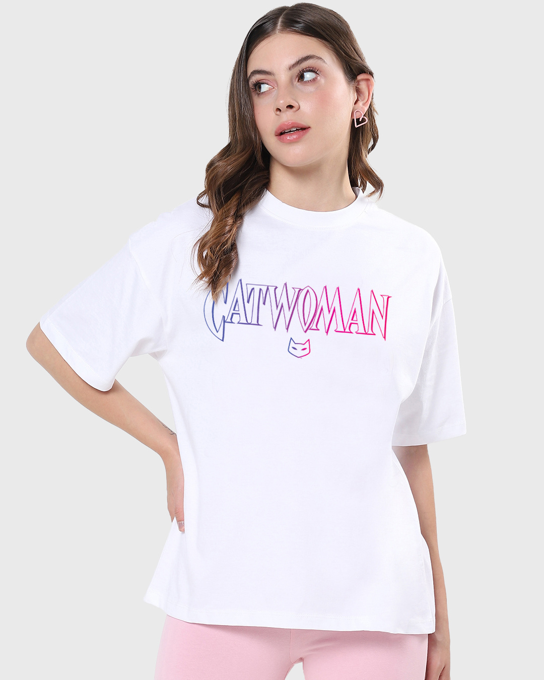 Shop Women's White Feline Fatale Graphic Printed Oversized T-shirt-Back