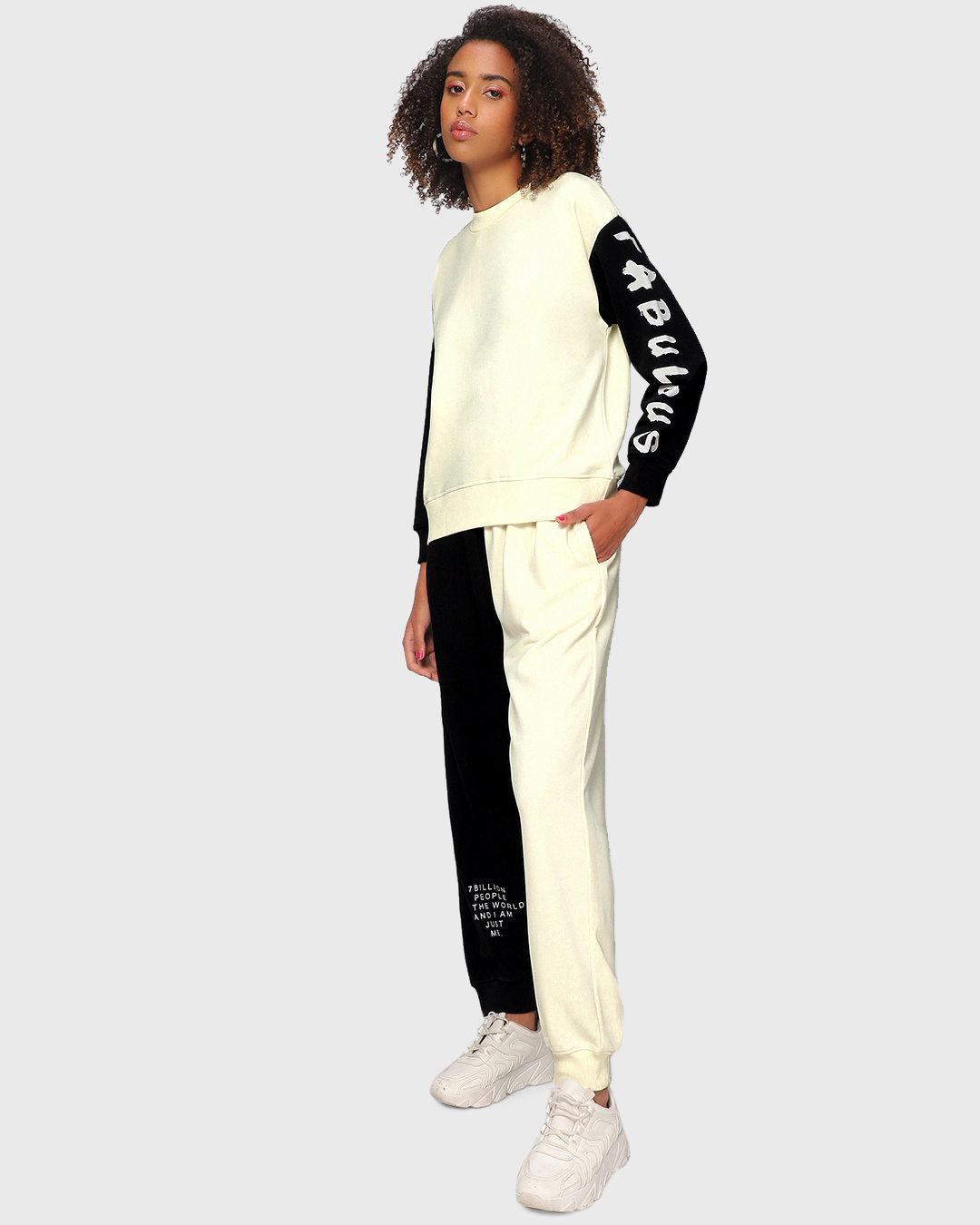 Shop Women's Gardenia & Black Fabulous Typography Oversized Sweatshirt & Jogger Set-Back