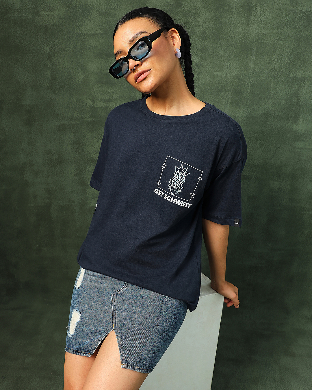 Shop Women's Navy Blue Glitch R&M Graphic Printed Oversized T-shirt-Back