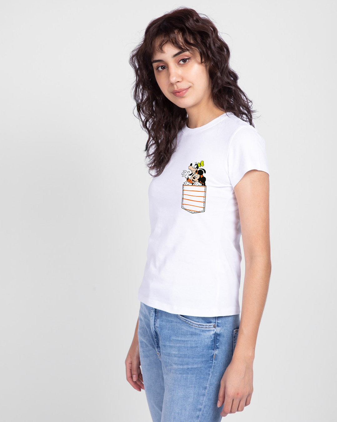Shop Women's White Goofy Mickey Pocket Graphic Printed T-shirt-Back