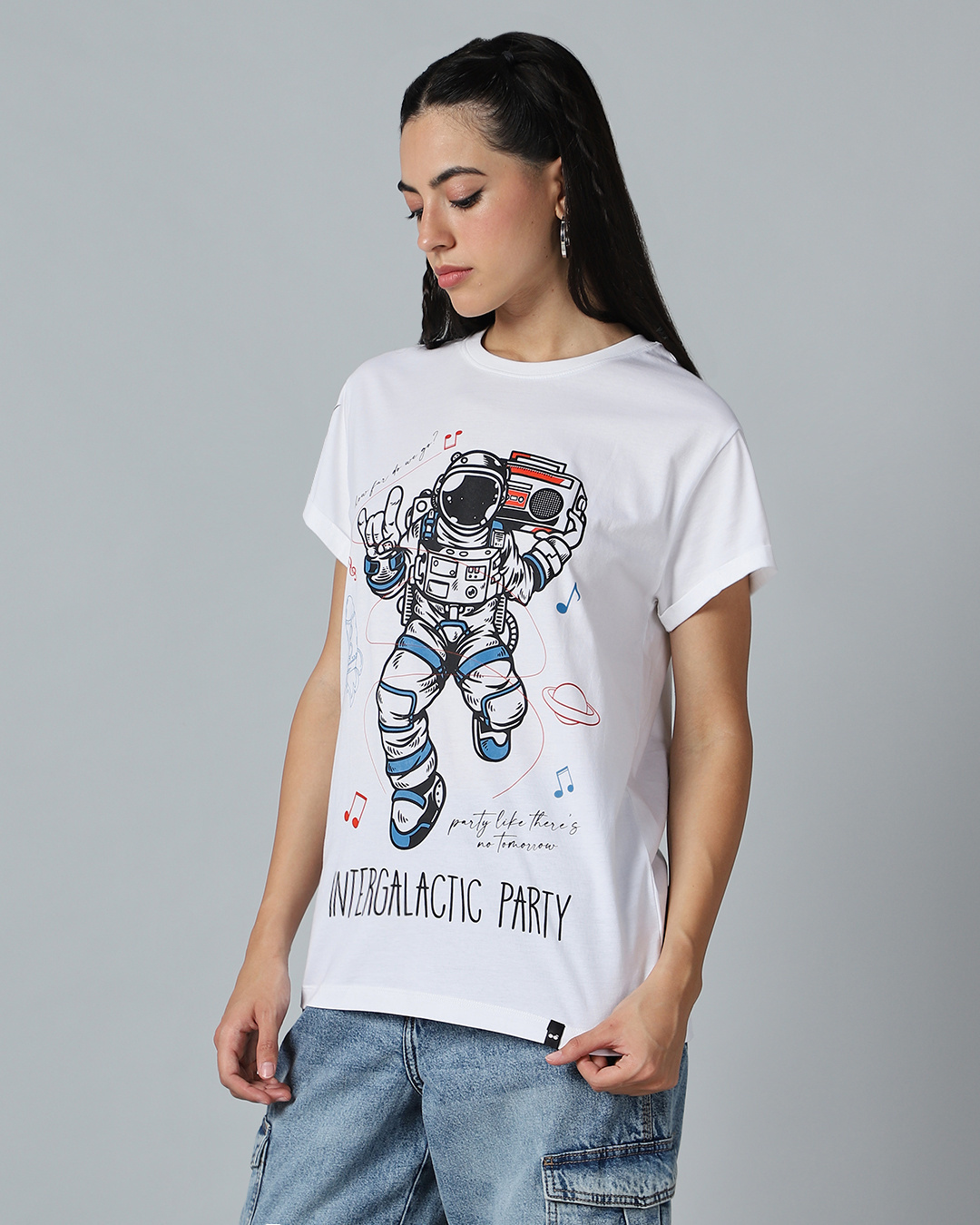 Shop Women's White Intergalactic Party Graphic Printed Boyfriend T-shirt-Back
