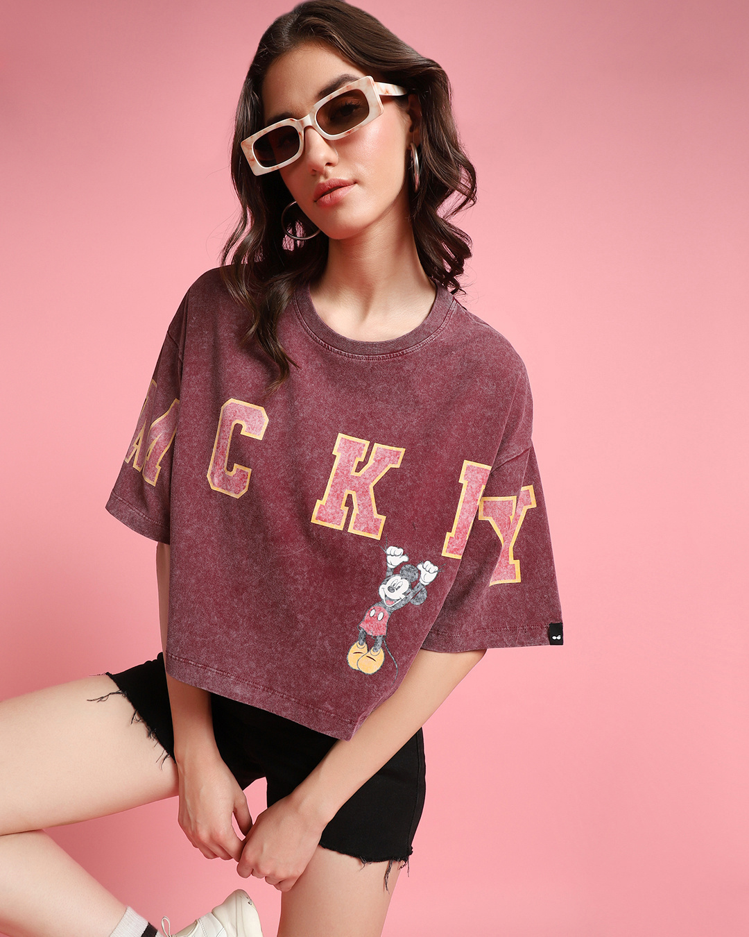 Buy Women S Maroon Hanging Mickey Graphic Printed Oversized Short Top