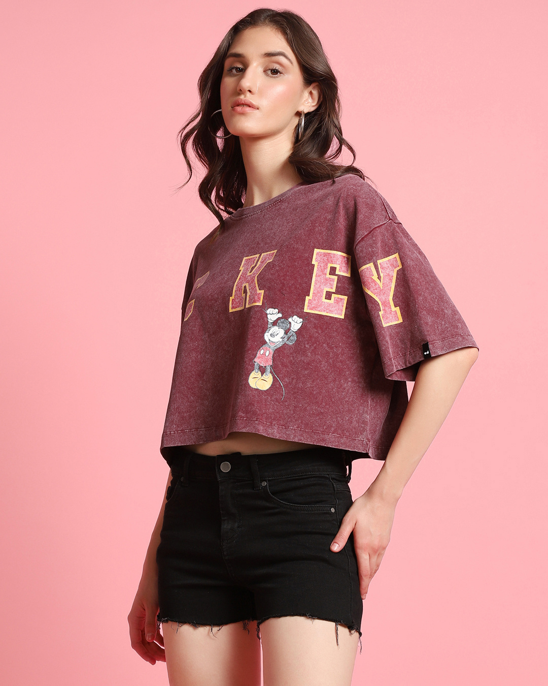 Shop Women's Maroon Hanging Mickey Graphic Printed Oversized Short Top-Back