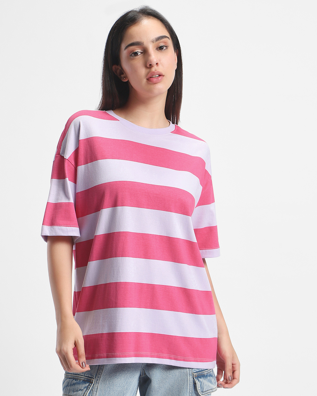 Shop Women's Off White & Pink Striped Oversized T-shirt-Back