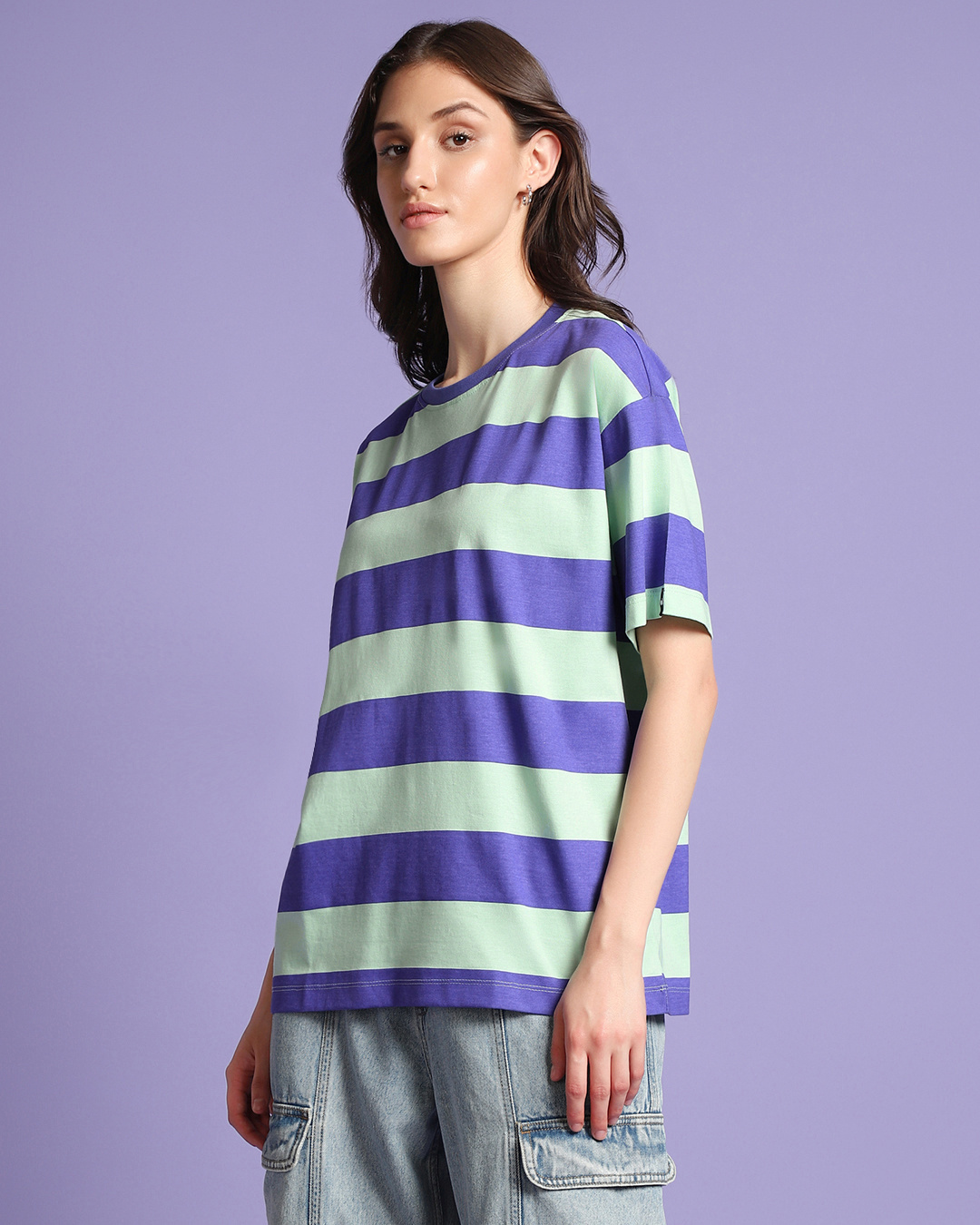Shop Women's Blue & Green Striped Oversized T-shirt-Back