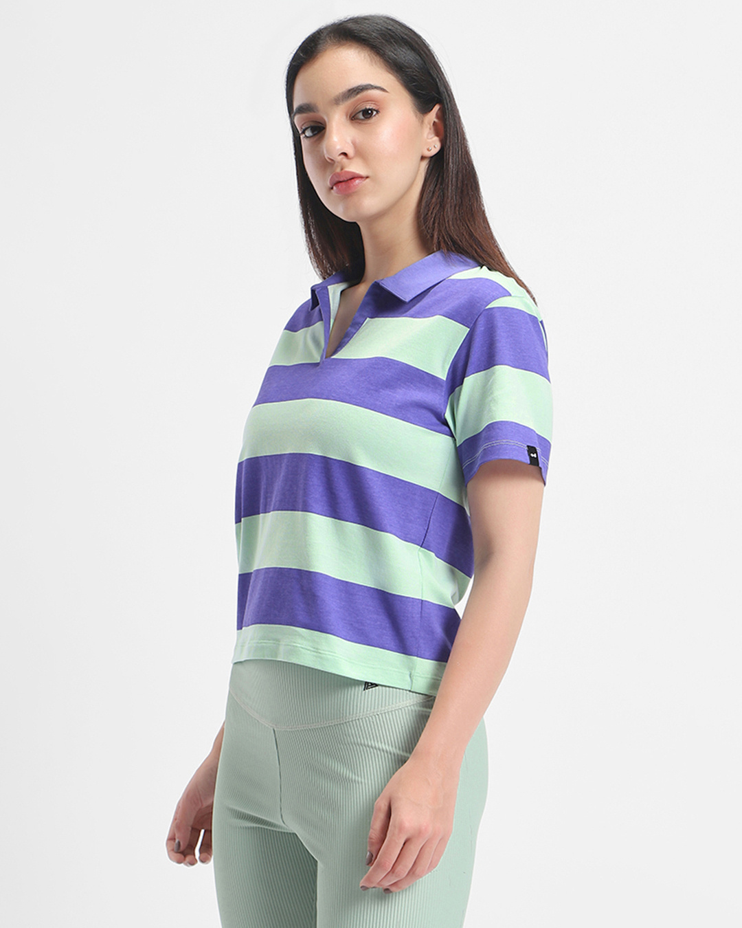 Shop Women's Blue & Green Striped Polo T-shirt-Back